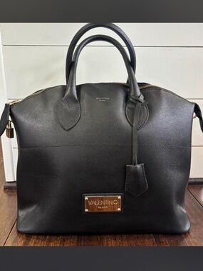 Valentino Black Leather Satchel with Gold Plaque